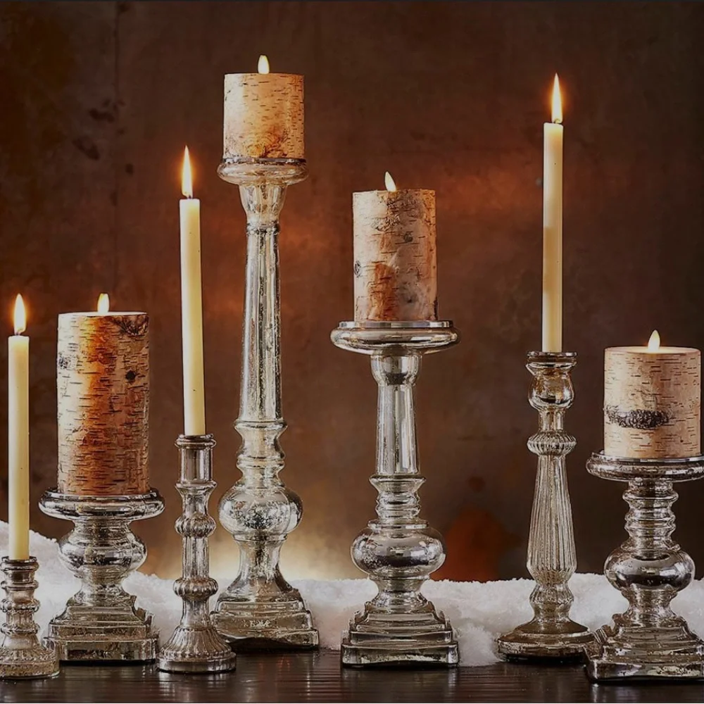 Pottery Barn Antique Silver Mercury Glass Taper Candlestick Holders Set of 3 - Picture 7 of 7